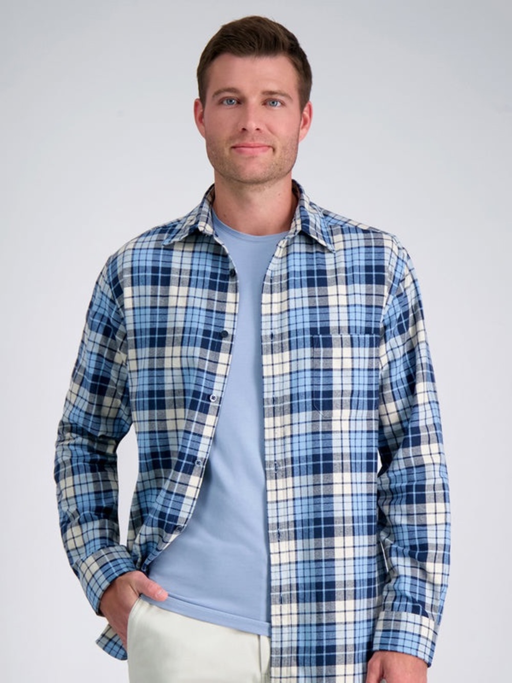 Men’s Haggar Blue, Gray & White Plaid Button-Down Shirt. Size: Large. NEW ❤️